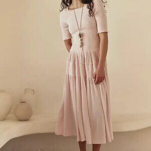 Free People Harlyn Midi Dress Free Est Smocked Square Neck Pink Calcite M